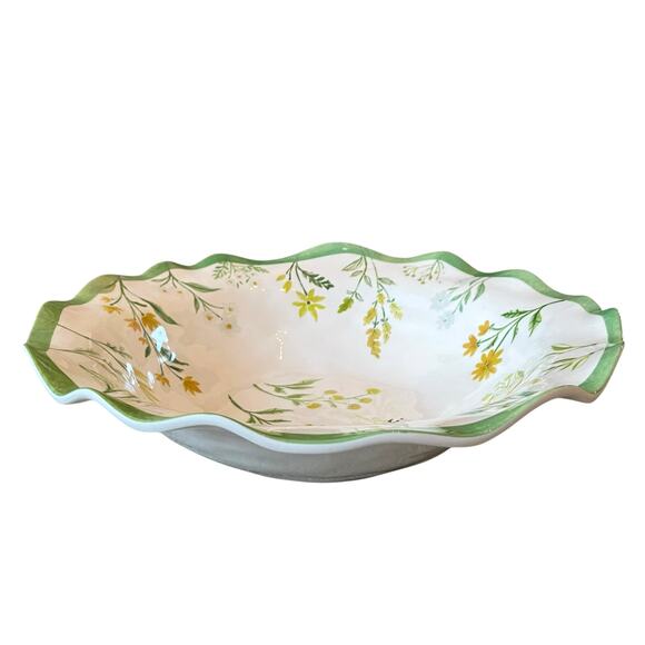 Shabby Chic Green Floral Bumblebee Melamine Serving Bowl 14" Round Scalloped NEW - Picture 5 of 13